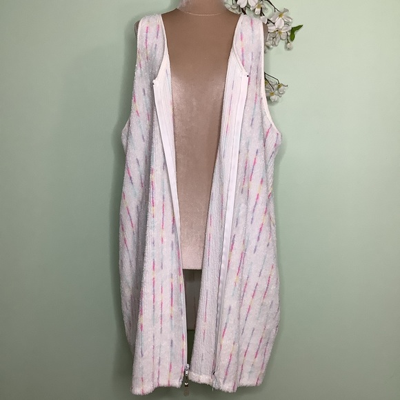 Stan Herman Sleeveless Chenille Zip Front Swim Coverup Robe Pockets V Neck - Picture 4 of 11